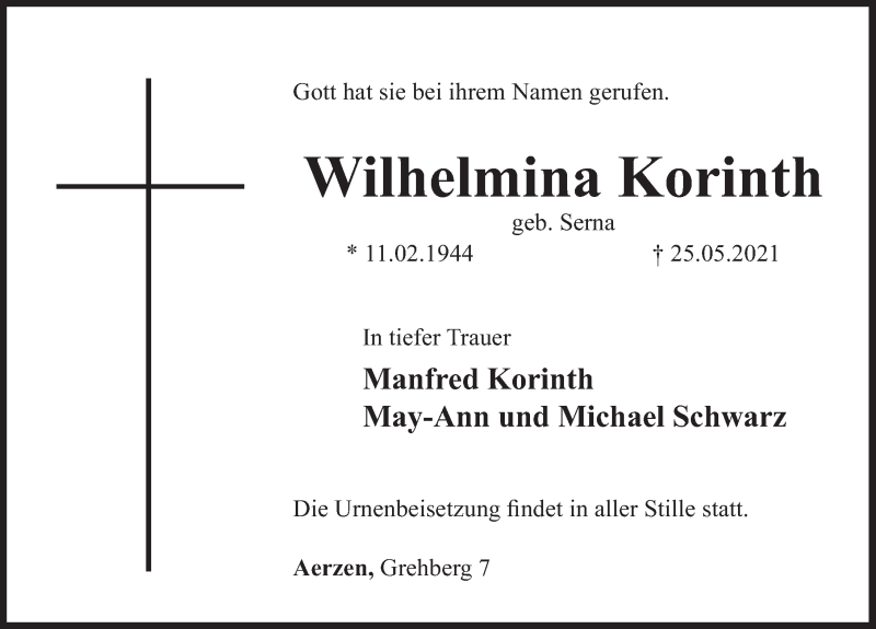  Traueranzeige für Wilhelmina Korinth vom 29.05.2021 aus Deister- und Weserzeitung
