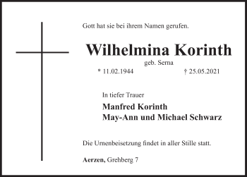 Traueranzeige von Wilhelmina Korinth von Deister- und Weserzeitung