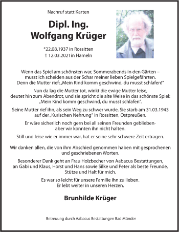 Traueranzeige von Wolfgang Krüger von Deister- und Weserzeitung