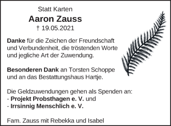 Traueranzeige von Aaron Zauss von Neue Deister-Zeitung