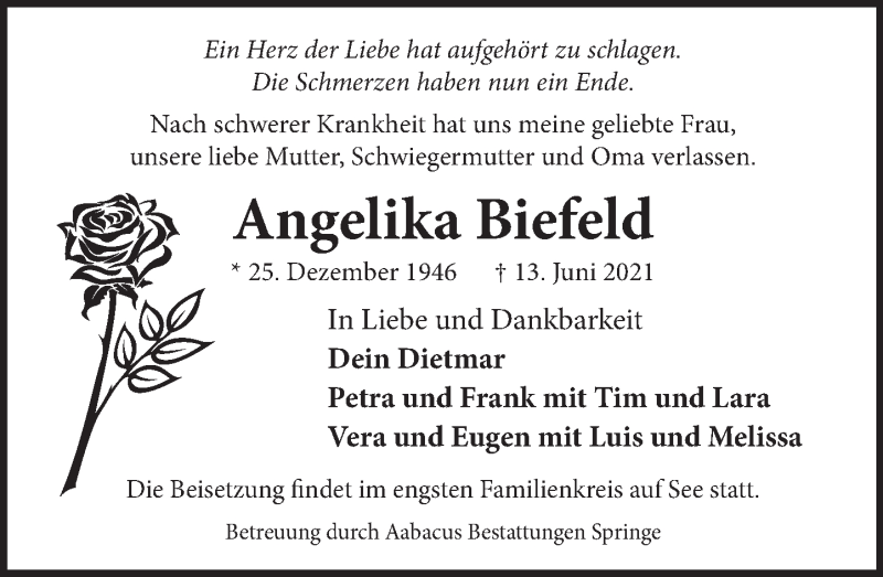  Traueranzeige für Angelika Biefeld vom 19.06.2021 aus Neue Deister-Zeitung
