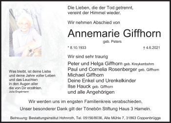 Traueranzeige von Annemarie Giffhorn von Deister- und Weserzeitung