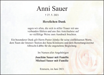 Traueranzeige von Anni Sauer von Deister- und Weserzeitung