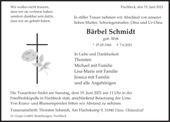 Traueranzeige von Bärbel Schmidt von Deister- und Weserzeitung