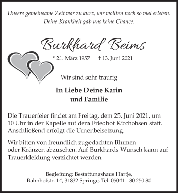 Traueranzeige von Burkhard Beims von Neue Deister-Zeitung