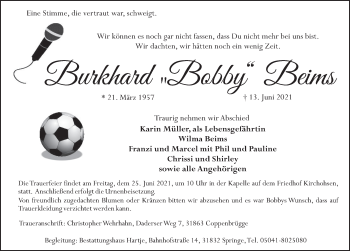 Traueranzeige von Burkhard Beims von Deister- und Weserzeitung
