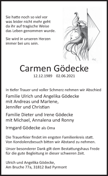 Traueranzeige von Carmen Gödecke von Deister- und Weserzeitung