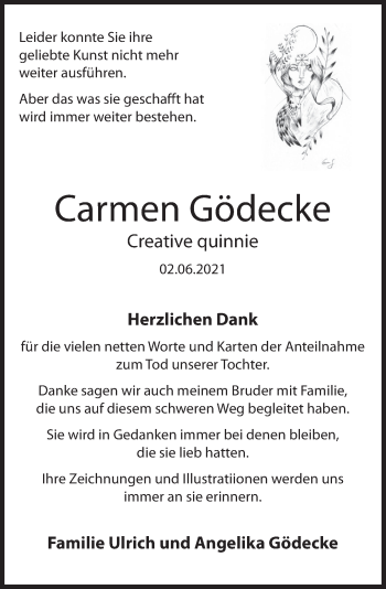 Traueranzeige von Carmen Gödecke von Deister- und Weserzeitung