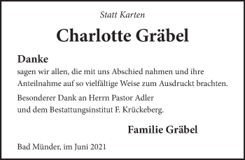 Traueranzeige von Charlotte Gräbel von Neue Deister-Zeitung