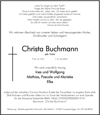 Traueranzeige von Christa Buchmann von Deister- und Weserzeitung