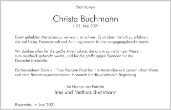 Traueranzeige von Christa Buchmann von Deister- und Weserzeitung