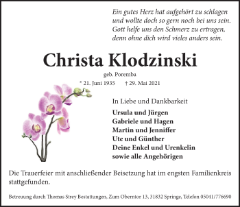 Traueranzeige von Christa Klodzinski von Neue Deister-Zeitung