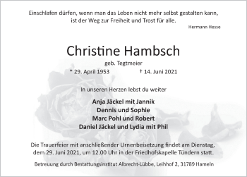 Traueranzeige von Christine Hambsch von Deister- und Weserzeitung