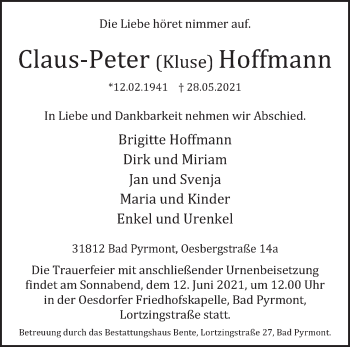 Traueranzeige von Claus-Peter  Hoffmann von Deister- und Weserzeitung