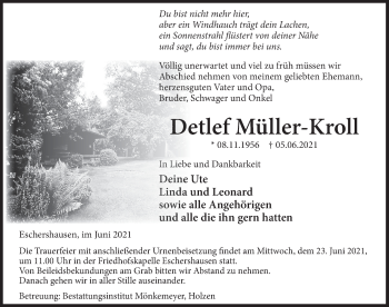 Traueranzeige von Detlef Müller-Kroll von Deister- und Weserzeitung