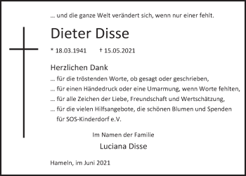 Traueranzeige von Dieter Disse von Deister- und Weserzeitung