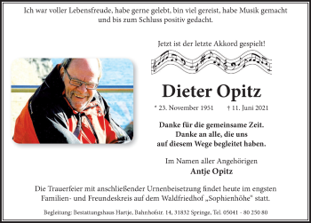Traueranzeige von Dieter Opitz von Neue Deister-Zeitung