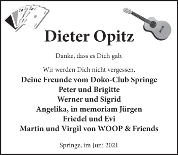 Traueranzeige von Dieter Opitz von Neue Deister-Zeitung