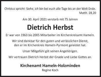 Traueranzeige von Dietrich Herbst von Deister- und Weserzeitung