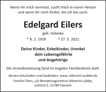 Traueranzeige von Edelgard Eilers von Deister- und Weserzeitung