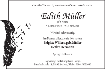 Traueranzeige von Edith Müller von Neue Deister-Zeitung