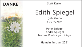 Traueranzeige von Edith Spiegel von Deister- und Weserzeitung