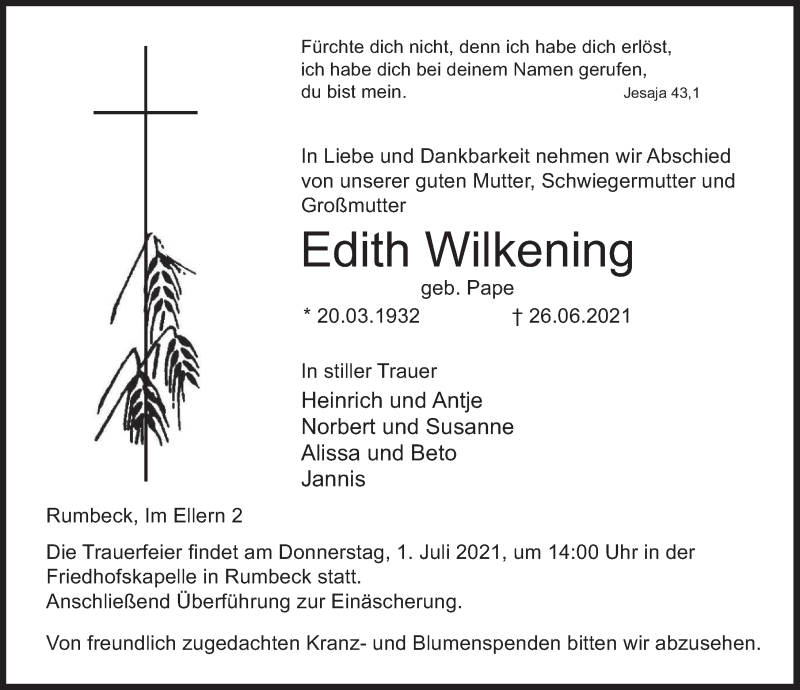  Traueranzeige für Edith Wilkening vom 29.06.2021 aus Deister- und Weserzeitung
