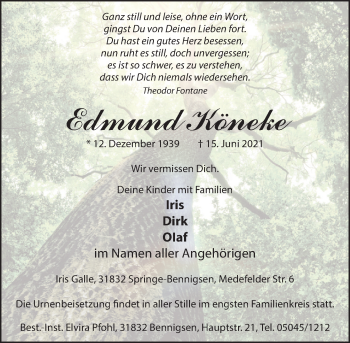 Traueranzeige von Edmund Köneke von Neue Deister-Zeitung
