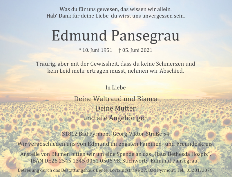  Traueranzeige für Edmund Pansegrau vom 12.06.2021 aus Deister- und Weserzeitung