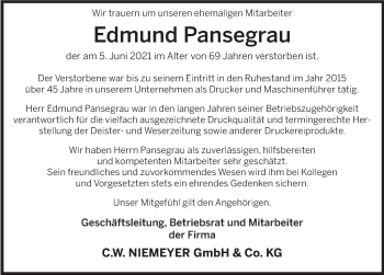 Traueranzeige von Edmund Pansegrau von Deister- und Weserzeitung