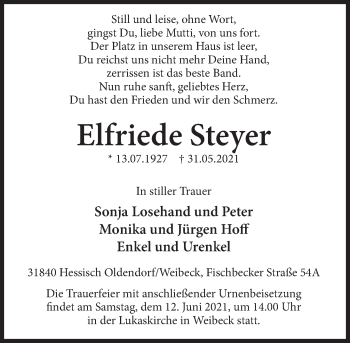 Traueranzeige von Elfriede Steyer von Deister- und Weserzeitung
