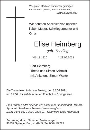 Traueranzeige von Elise Heimberg von Neue Deister-Zeitung