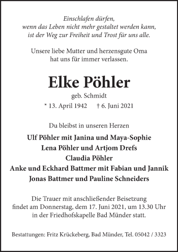 Traueranzeige von Elke Pöhler von Neue Deister-Zeitung