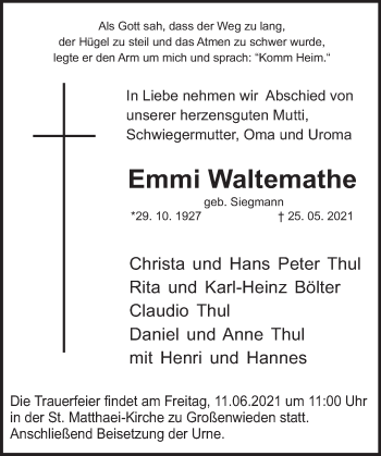 Traueranzeige von Emmi Waltemathe von Deister- und Weserzeitung