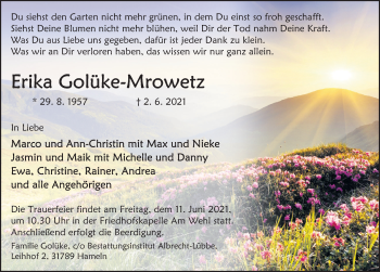 Traueranzeige von Erika Golüke-Mrowetz von Deister- und Weserzeitung