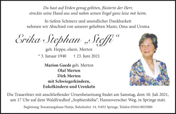 Traueranzeige von Erika Stephan von Neue Deister-Zeitung