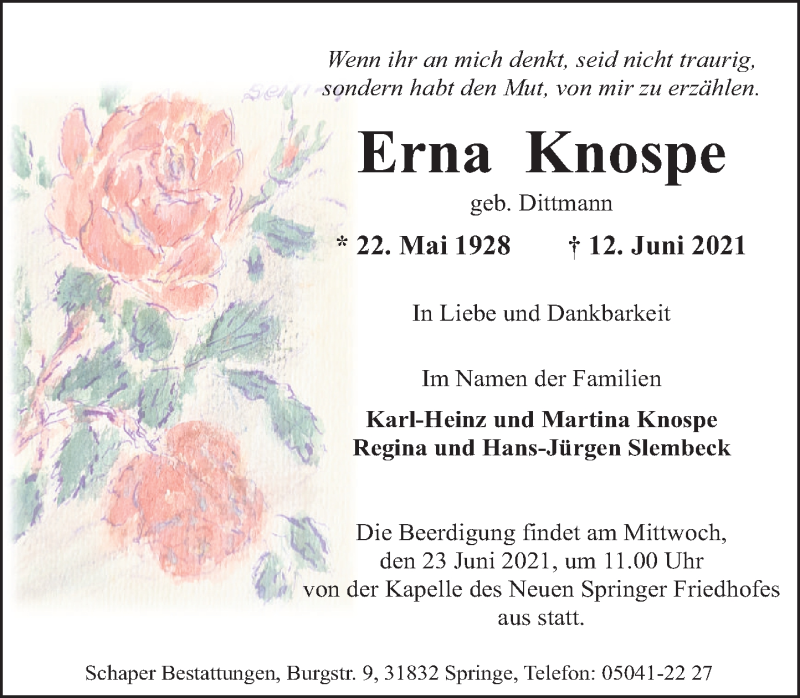  Traueranzeige für Erna Knospe vom 19.06.2021 aus Neue Deister-Zeitung