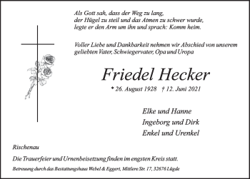 Traueranzeige von Friedel Hecker von Deister- und Weserzeitung
