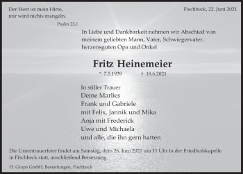 Traueranzeige von Fritz Heinemeier von Deister- und Weserzeitung