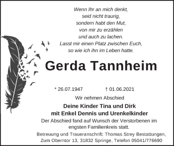 Traueranzeige von Gerda Tannheim von Neue Deister-Zeitung