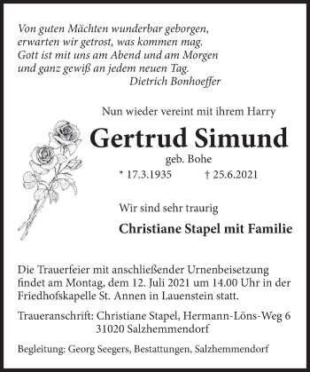 Traueranzeige von Gertrud Simund von Deister- und Weserzeitung