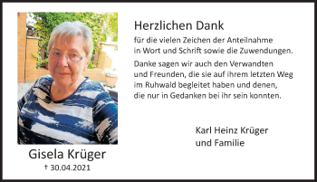 Traueranzeige von Gisela Krüger von Deister- und Weserzeitung