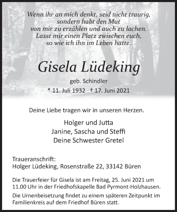 Traueranzeige von Gisela Lüdeking von Deister- und Weserzeitung