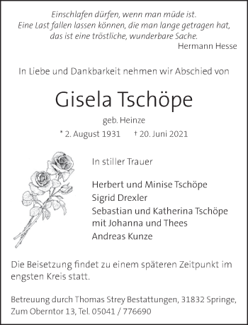 Traueranzeige von Gisela Tschöpe von Neue Deister-Zeitung