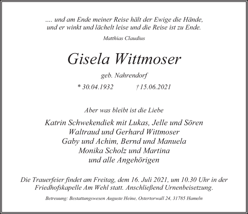  Traueranzeige für Gisela Wittmoser vom 19.06.2021 aus Deister- und Weserzeitung