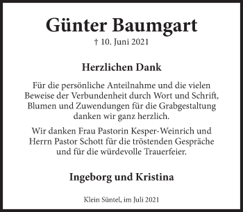 Traueranzeige von Günter Baumgart von Deister- und Weserzeitung