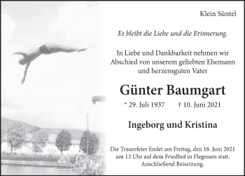 Traueranzeige von Günter Baumgart von Deister- und Weserzeitung