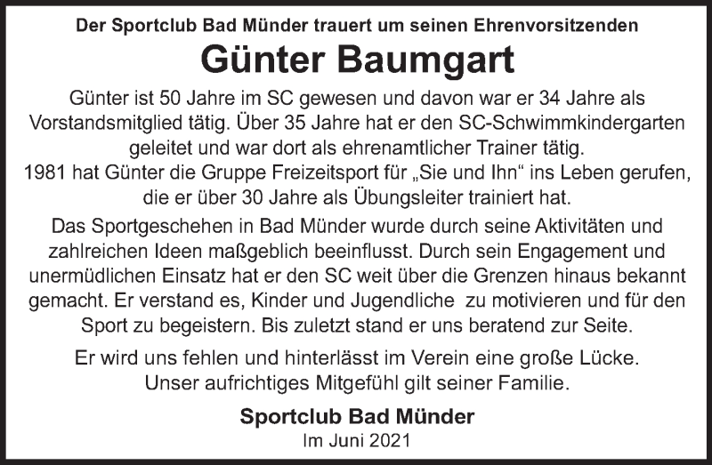  Traueranzeige für Günter Baumgart vom 16.06.2021 aus Neue Deister-Zeitung