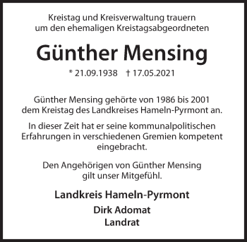 Traueranzeige von Günther Mensing von Deister- und Weserzeitung