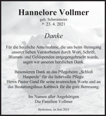 Traueranzeige von Hannelore Vollmer von Deister- und Weserzeitung